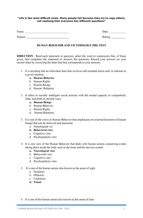 PRE- TEST IN Human Behavior - “Life is the most difficult exam. Many