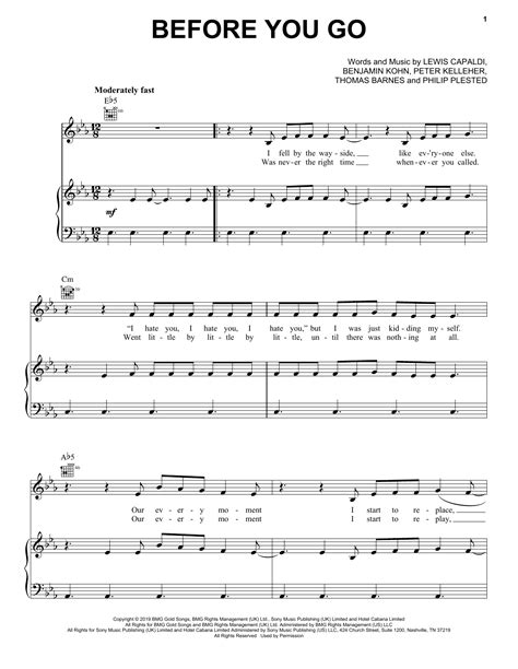 Before You Go By Lewis Capaldi Sheet Music For Piano Vocal And Guitar Chords Right Hand Melody