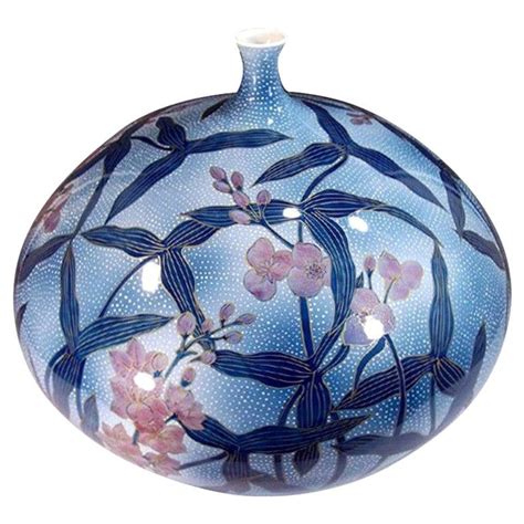 Japanese Hand Painted Blue Porcelain Vase By Contemporary Master Artist