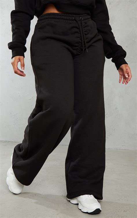 Shape Black Wide Leg Ruched Waist Sweatpants Shape Prettylittlething Usa