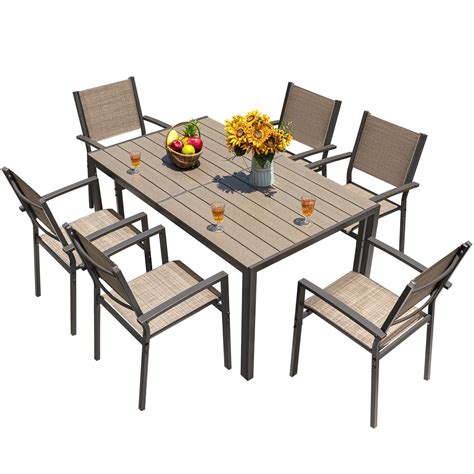 Outdoor 7 Pieces Patio Dining Set Outdoor Furniture With 6 Stackable Textilene Chairs And Large