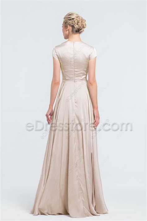 Modest Lds Champagne Satin Bridesmaid Dresses Cap Sleeves Edresstore