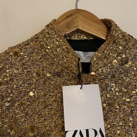 Zara Zw Collection Sequin Jacket Gold Size M Depop