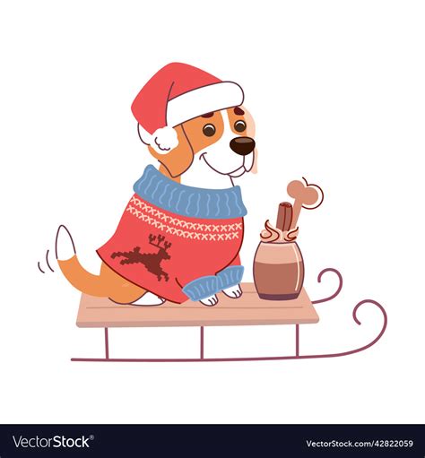 A dog in christmas sweater and santa hat sits Vector Image