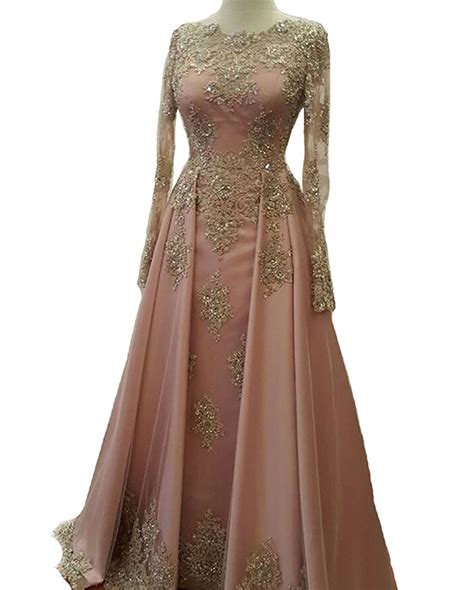 Fighouor 2018 Beaded Gold Pink Prom Dresses With Lace Long Sleeves