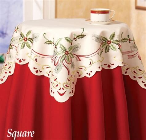 Christmas Holiday Holly Leaf Berry Embroidery Square Table Topper