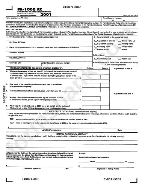 Form Pa Rc Rent Certificate And Rental Occupancy Affidavit Form