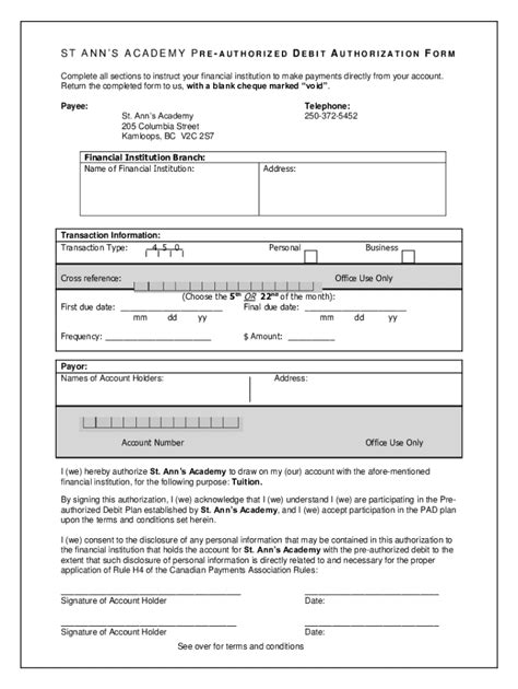 Fillable Online Pre Authorized Debit Authorization Form St Anns Academy Fax Email Print