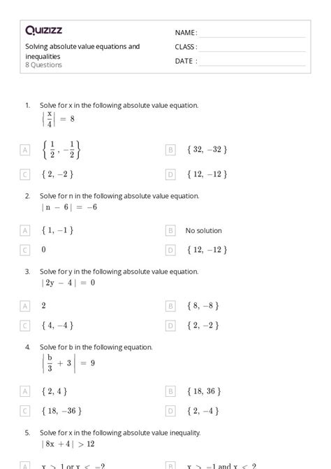 50 Absolute Value Equations Functions And Inequalities Worksheets For 8th Grade On Quizizz