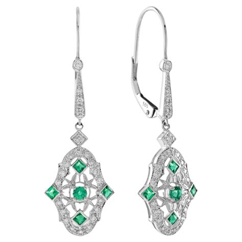 Emerald Diamond Art Deco Style Drop Earrings In 14k White Gold For Sale