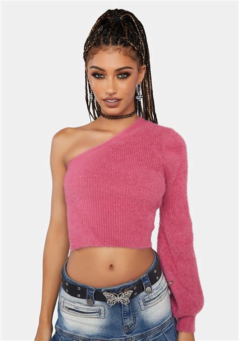 Knit One Shoulder Crop Top Pink Dolls Kill