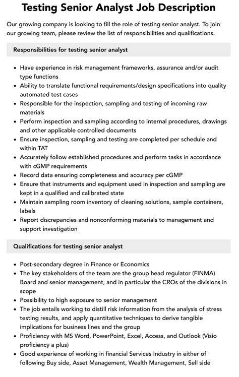 Testing Senior Analyst Job Description Velvet Jobs