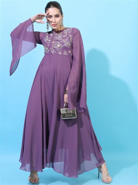 Buy Vishudh Purple Embroidered Maxi Dress For Women Online At Rs969