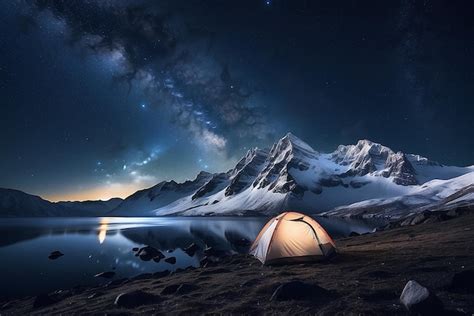 Premium Photo | Camping on the mountain at night with a view of the ...