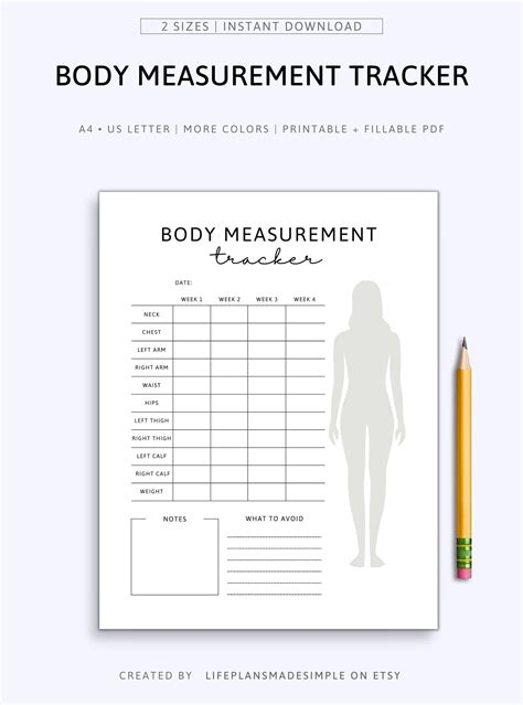 Printable Body Measurement Tracker Fillable Measurement Etsy Body