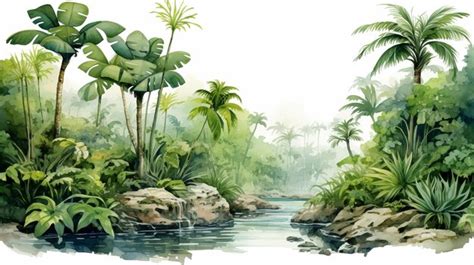 Premium Photo Tropical Jungle Watercolor Illustration With Stream Ps1