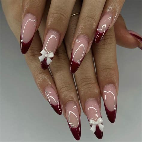 Red Tip Bow Design Gel Nails Simple Nails Acrylic Nails