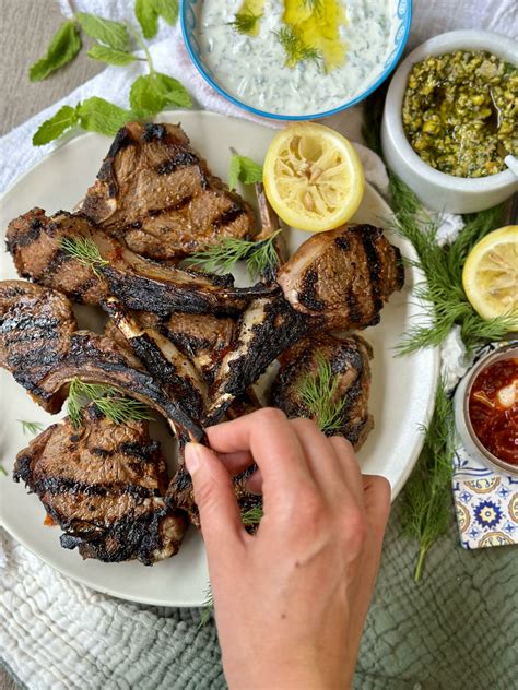 Harissa Lamb Chops With Herby Pistachio Sauce And Tzatziki