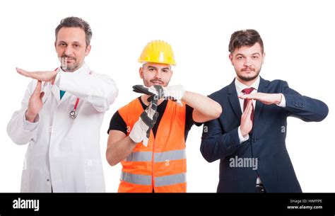 Cheerful Men With Different Jobs Doing Time Out Gesture As Pause Or