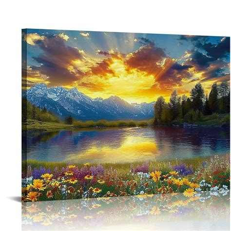 JEUXUS Grand Teton National Park Wall Art Sunflower Landscape Canvas