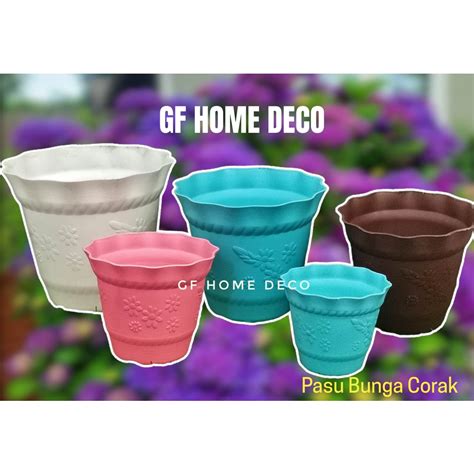 Ready Stock Pasu Bunga Plastik Corak Flower Pot Plastic Round Outdoor Home Garden Nursery High