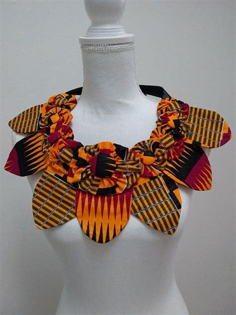 Ankara African Bib Statement Necklace Red Black Yellow Kente Etsy Fabric Flower Necklace