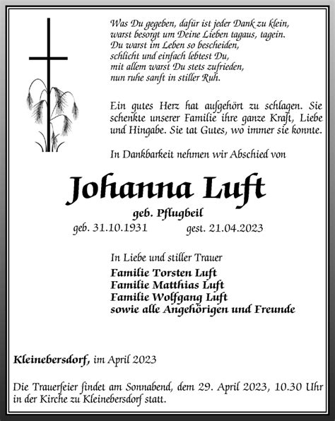 Traueranzeigen Von Johanna Luft Trauer In Thueringen De