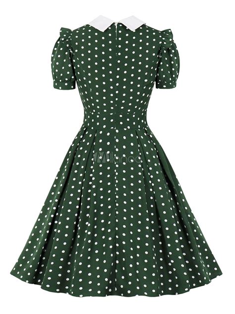 Robe Vintage Année 50s Femme Imprimé Pois Col Revers à Lacets Avec