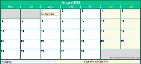 January South Africa Calendar With Holidays For Printing Image