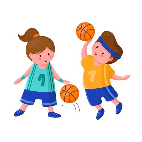 Jugadores De Baloncesto Con Pelota Dibujos Animados Lindo Ni O Y Ni A