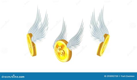 Flying Golden Coin With Wings Isolated On A White 3d Vector Stock