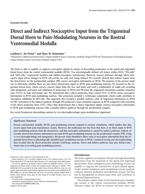 Pdf Direct And Indirect Nociceptive Input From The Trigeminal Dorsal