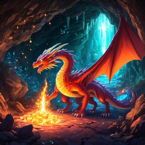 A Fire Breathing Dragon Drawing In A Mysterious Enchanted Cave With