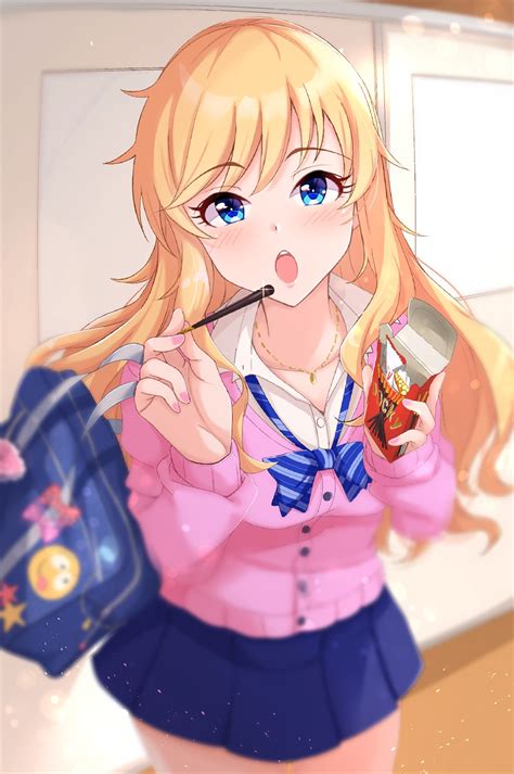 Safebooru 1girl O Bag Bangs Blonde Hair Blue Eyes Blue Neckwear Blue Skirt Blurry Blurry