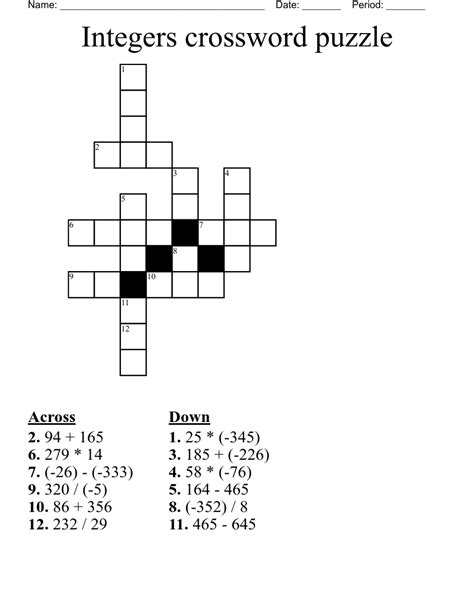 Integers Crossword Puzzle Wordmint