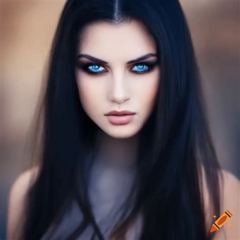 Beautiful Perfect Woman Black Hair Realistic Dark Blue Eyes Natural On Craiyon