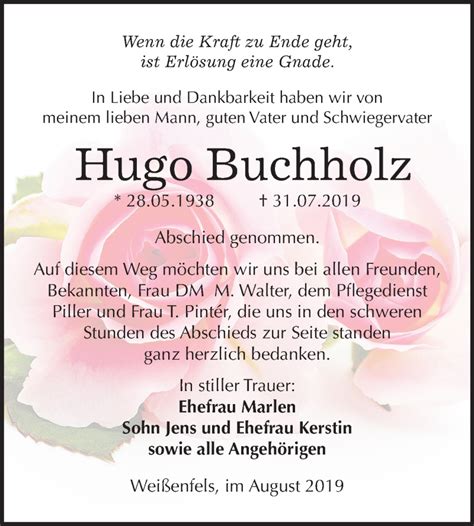 Traueranzeigen Von Hugo Buchholz Abschied Nehmen De