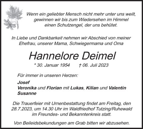 Traueranzeigen Von Hannelore Deimel Trauer Merkur De