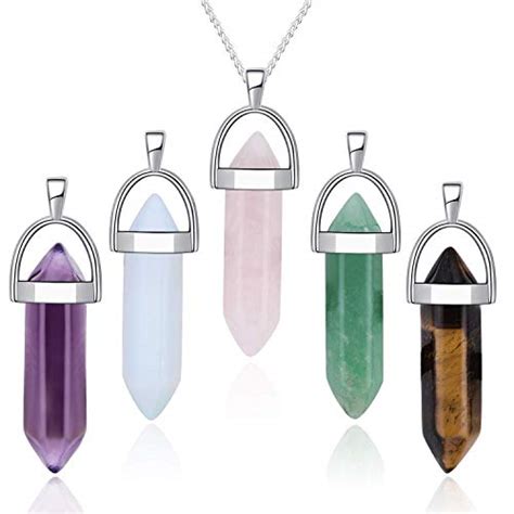 Jxmyba 5pcs Crystal Necklace Hexagonal Pendant Gemstone Chakra Healing