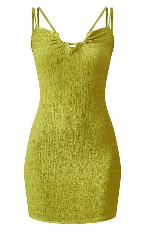 Lime Textured Double Strap Ruched Bodycon Dress Prettylittlething Usa