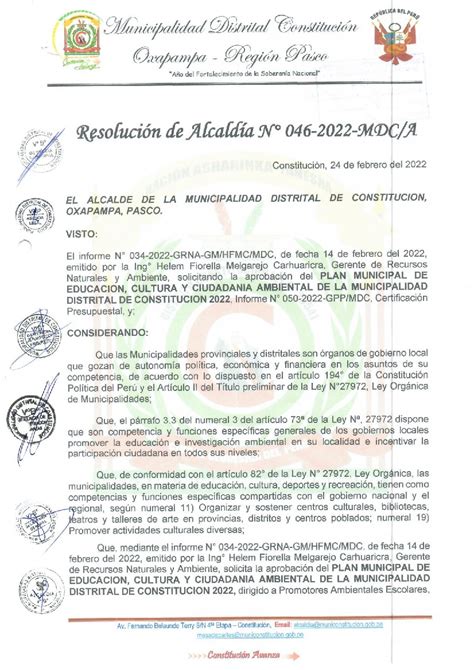 Resolución de Alcaldía N 046 2022 MDC A Plan de Trabajo 2022 del