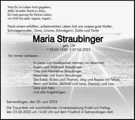 Traueranzeigen Von Maria Straubinger S Dwest Presse Trauer