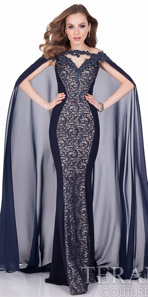 Swirling Lace Chiffon Cape Evening Dress By Terani Couture Dresses