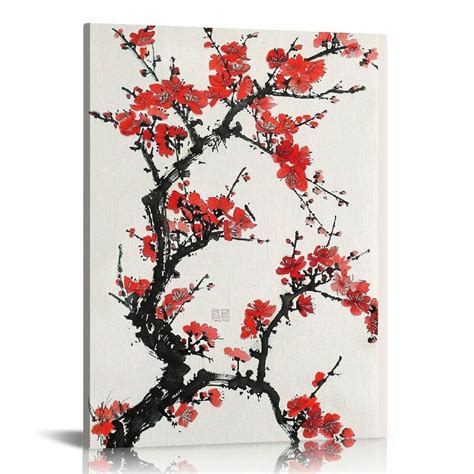 Feiri Canvas Wall Art Red Cherry Blossoms Black Framed Canvas Print