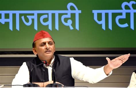 Samajwadi Party President Akhilesh Yadav addresses a press conference