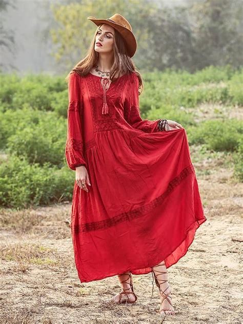 Bohemia Inwrought Long Sleeve V Neck Beach Long Dress