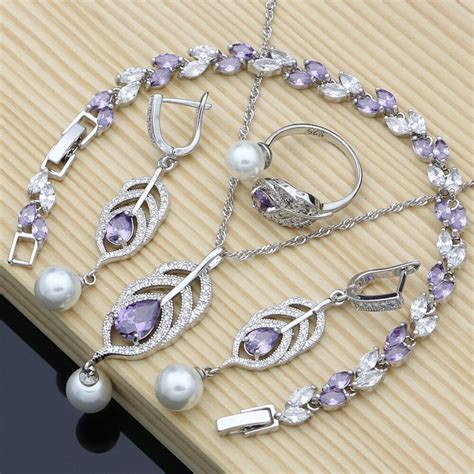 Zilver Kleur Parels Sieraden Sets Paars Cz Voor Vrouwen Wedding