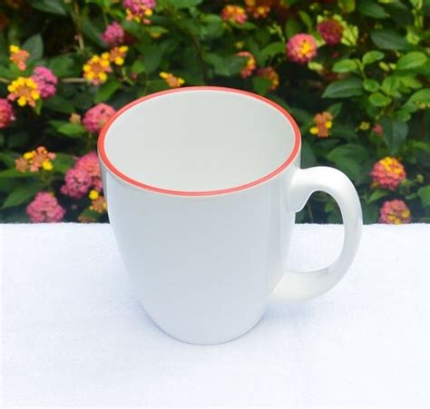 1970s Corelle Mug Porcelain Stoneware White Red Edge