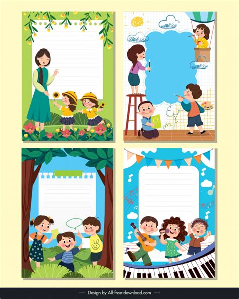 Kindergarten Corder Templates Cute Cartoon Teacher Children Joyful