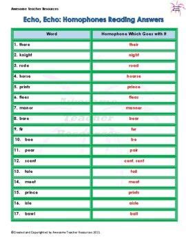 Echo Echo Homophones Reading Worksheet Reading Worksheets